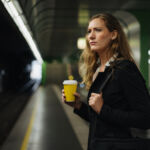 Serious businesswoman is standing at a subway station, holding coffee to go and waiting for a train.
