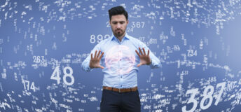 Businessman thinking, brainstorming, finance data.