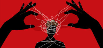 Manipulator concept vector illustration. Puppet master hands manipulate man mind, silhouette. Domination exploitation background. Mental control ropes.