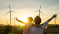 Wind turbines are alternative electricity sources, the concept of sustainable resources, People in the community with wind generators turbines, Renewable energy.
