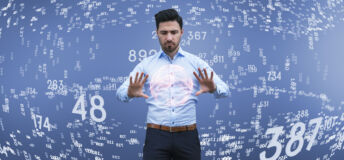 Businessman thinking, brainstorming, finance data.