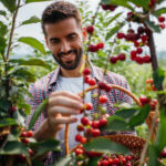 Handsome man is picking cherries from the tree and putting them in a basket.
