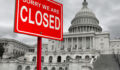 US government shutdown and american federal shut down due to spending bill disagreement as a United States national finance symbol as lawmakers disagree on federal funding with 3D illustration elements.