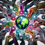 Diverse Global Economy and international community connecting together for the world economy and political stability through globalization supply chain and transatlantic or transpacific trade representing diverse business.