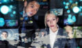 Two business persons in front of futuristic display. Graphical User Interface(GUI). Head up Display(HUD). Internet of things.