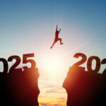 SEC’s modest posture dares IAs to dream Welcome merry Christmas and happy new year in 2026,Silhouette Man jumping from 2025 cliff to 2026 cliff with cloud sky and sunlight.