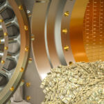 bank vault from which wads of dollars come out. 3d render