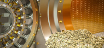 bank vault from which wads of dollars come out. 3d render
