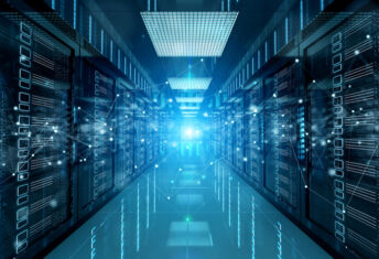 Connection network in dark servers data center room storage systems 3D rendering.