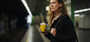 Serious businesswoman is standing at a subway station, holding coffee to go and waiting for a train.