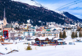 Idyllic mountain town of Davos in Swiss Alps panoramic view from ski slope, Graubunden region of Switzerland