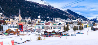 Idyllic mountain town of Davos in Swiss Alps panoramic view from ski slope, Graubunden region of Switzerland