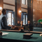 Court of Justice and Law Trial: Male Public Defender Presenting Case, Making Passionate Speech to Judge, Jury. African American Attorney Lawyer Protecting Client's Innocents with Supportive Evidence.