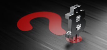 Metallic Bitcoin symbol standing on red question mark over black background. Horizontal composition with selective focus and copy space.