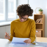 Serious concentrated young woman in glasses sitting at table and analyzing tax documents in home office