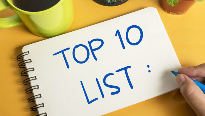 Top 10 List, business motivational inspirational quotes, words typography top view lettering concept