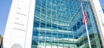 SEC entrance architecture modern building sign, logo, american flag, looking up sky, glass windows reflection