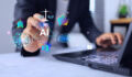 Another example of an AI P&P AI concept with business man using artificial intelligence to create work and paying attention to human creativity and protection of copyright laws