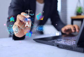 AI concept with business man using artificial intelligence to create work and paying attention to human creativity and protection of copyright laws