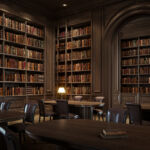 Books and records rule: Could a revision finally happen? Elegant classic library interior close up with tall wooden bookshelves filled with vintage books. 3d rendering